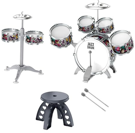 rongweiwang Batería infantil con taburete para que los más pequeños disfruten de la música de jazz y desarrollen habilidades musicales a través del juego. Set de jazz para