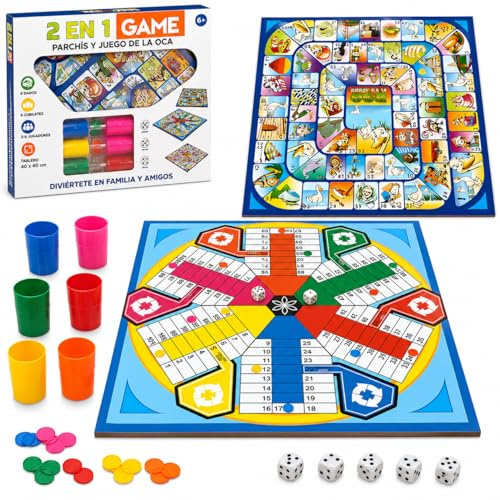 MARUKATSU Parchís y Oca 2 en 1 de 30x30 cm para 2-6 Jugadores | Juego de Mesa Familiar, 6 Cubiletes y 6 Dados, Tablero Grande, Juegos Clásicos