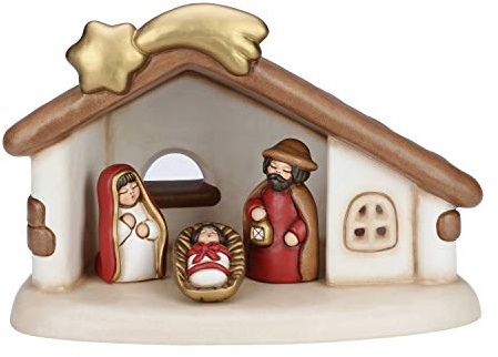 THUN® - Presepe Completo Set Capanna: Sacra Famiglia - Versione Rossa - Statuine Presepe Classico - Ceramica - I Classici