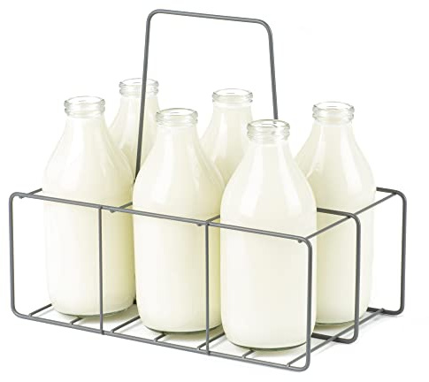 LIVIVO Milk Crate Bottle Holder Caddy for Milk, Juice, Wine or Beer Bottle Carton Carrier Grey Powder Coated Wire Holder (6 Bottles)
