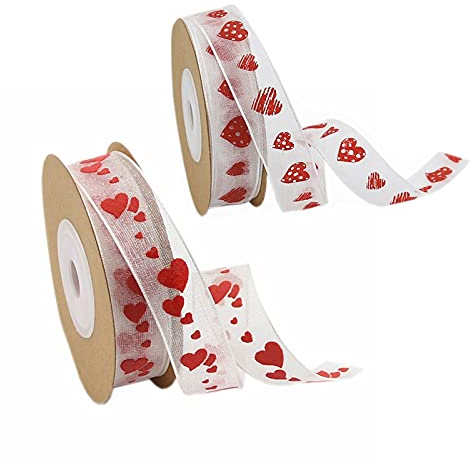 Bedruckt Satinband Dekorationsband Geschenkband Herz-Band Gewebeband Stoffbänder für Geschenkverpackung Hochzeit Deko Haarschleife DIY Weihnachten Dekoration Schleifenband Liebe Hearts 2 Rollen