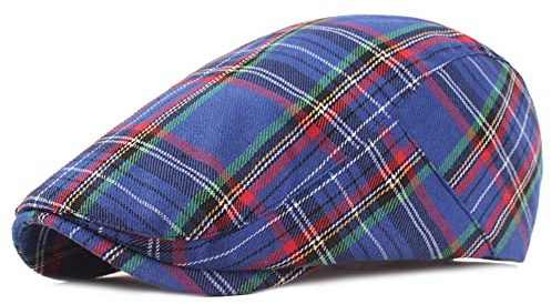 DORRISO Uomo Piatto Berretto Righe Quadri Design Leggero Berretto Baschi Scozzesi Cotone Basco Newsboy Flat Cappello Confortevole Uomo Viaggio Vacanza Cappelli Blu