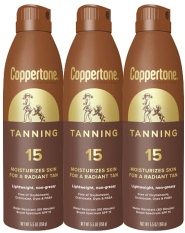 Coppertone Tanning Sunscreen Spray with Broad Spectrum SPF 15, Water Resistant Spray Sunscreen, Lightweight and Non-Greasy, 5.5 Oz, Pack of 3