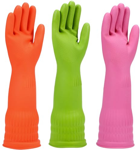 IUCGE Rubber dishwashing gloves 3 Pairs for kitchen,Cleaning washing dish gloves long for household reuseable durable.(Large,Multicolor)