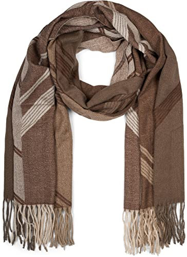 styleBREAKER Damen Web Schal mit Geometrischem Muster und Fransen, warme Winter Stola mehrfarbig 01017150, Farbe:Braun-Beige