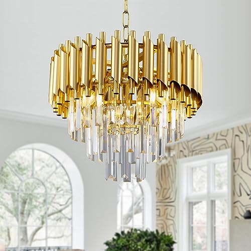 Modern Led Crystal Pendant Light Golden Crystal Chandelier Lights 3-Tier Raindrop Chandelier Light Fixture Flush Mount Ceiling Light for Dining Room Living Room Table Foyer,D40cm E14x4 LED lights…