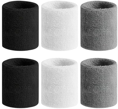 KOBOKO 6 Stücke Schweißband Handgelenk,Schweißband Kinder,Schweissband Handgelenk Herren,Schweißband Weiche Baumwolle Geeignet für Basketball, Fitness, Tennis (Schwarz, Weiß, Grau