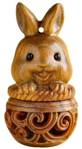 Healvian Saquito de madera de sándalo colgante portavehículos decoración china joyas difusor bolsa con perlas aromáticas para abrir soporte de perlas aromáticas verde sándalo carro llavero conejo