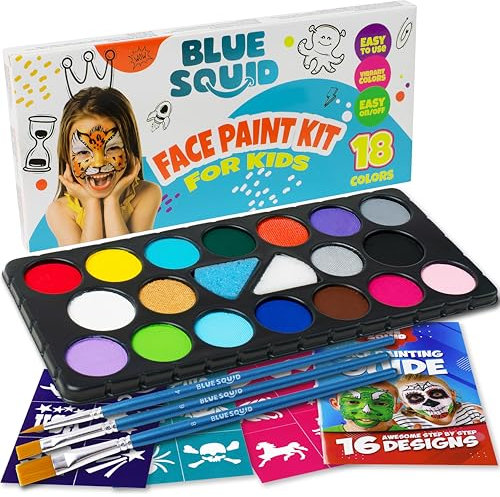 Blue Squid Palette Maquillage Enfants, 18 Couleurs Kit Maquillage Enfant, Lavable Peinture Visage Enfant, Avec 3 Pinceaux, 24 Pochoir, Maquillage Enfants Carnaval Halloween Cosplay Fête D'anniversaire