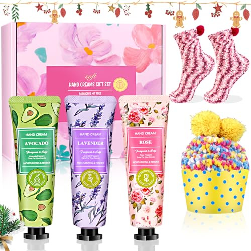 Coffret Cadeau pour Femmes,Crème Mains Réparatrices 3 x 30ml et 2 paires de chaussettes Coffret Cadeau de Noël pour petite amie, maman, anniversaire, anniversaire, Saint-Valentin