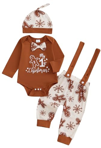 MAHUAOYIXI Newborn Baby Boys Christmas Outfits Gingerbread Print Long Sleeve Romper and Suspender Pants with Hat Infant Boys 3Pcs Christmas Clothing Set (Brown, 6-12 Months)