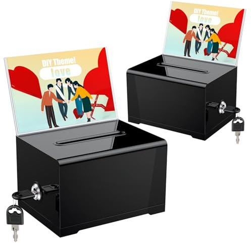 Uniclife 2 scatole per donazioni in acrilico con fessura e serratura per votare beneficenza, collezione di consigli di beneficenza, in plastica nera, con supporto per cartelli, 16 x 12 x 10 cm