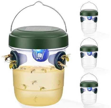 Lot de 2 pièges à guêpes à suspendre en plein air - Sans produits chimiques - Avec lumière LED - Avec lumière LED - Piège à frelons à énergie solaire - Pour appât naturel - Vert