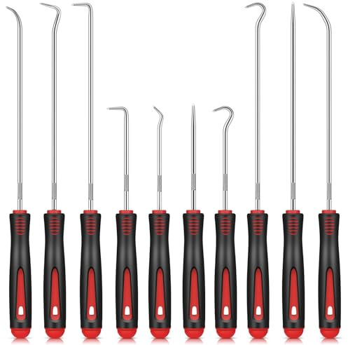 TXXATX 10-Piece Pick and Hook Set Red Shaft Seal Tool 24 cm and 16.5 cm Hook Tool Universal Precision Hook for Oil Rings O-Ring Seal Car Hoses Disassembly Tool