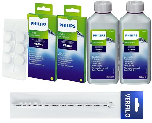 VERFILO Pflegebasis-Set für Kaffeevollautomaten – kompatibel mit Philips/Saeco: Entkalker CA6700/22 (Doppelpack), 2x Reinigungstabletten CA6704/10 (6 Stück), Reinigungsbürste VERFILO