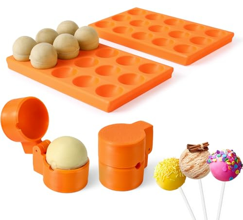 MITCHENIFY 2-Pack Round Sphere Cake Pop Mold Press with Tray Set, 3D Printed Cake Pop Shapes Cutter and Pusher Kit, Baking Molds Accessories Supplies for Home Baking, Birthday Parties,Wedding Desserts