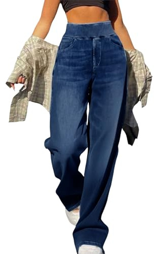 liangp Ladies Jeans,Wide Leg Jeans for Women UK High Waisted Pull On Tummy Control Straight Tube Baggy Loose Fit Ladies Casual Trousers Denim Pants