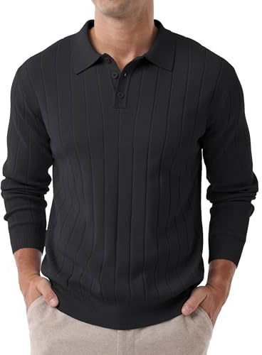 Hisir Jersey de punto para hombre con cuello polo, suéter de punto, polo de punto, manga larga, de punto fino, suéter para negocios, suéter ligero para trabajo, suéter de invierno, Negro , L