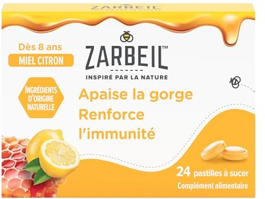 Zarbeil - Pastilles Gorge & Immunité Miel Citron (boîte de 24 pastilles) – Complément alimentaire aux ingrédients naturels pour apaiser la gorge – Pastilles à sucer pour renforcer l'immunité dès 8 ans