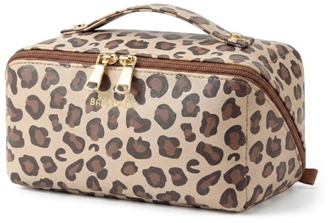 BAGSMART Large Travel Makeup Cosmetic Bag, Lay Flat, Clear Brush Pocket | PU Leather, Waterproof Make up Case, Women's Essentials, Holiday Gifts, Brown Leopard Print