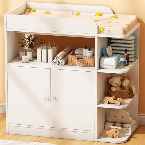 Wanan Changing Table Dresser with Large Cabinet for Nursery, Wood, White