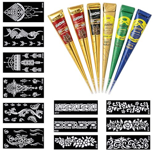 Kit de Tatuajes Temporales, Kit Tatuaje Temporal Adulto Tattoo Personaliza, Incluye 12 Plantillas y 6 Conos Pegamento, Impermeable Diseños Pintura Corporal DIY para Mujeres Hombres Niños