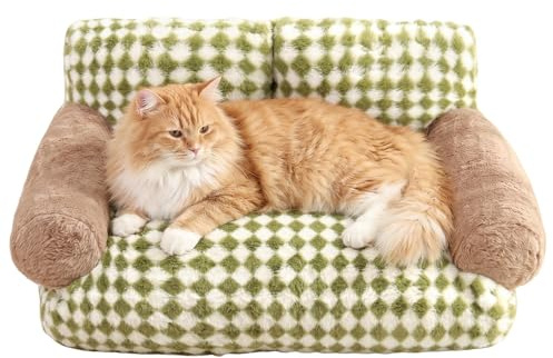 Cat Sofa Bed, Fluffy Plush Pet Couch for Indoor Cats & Small Dogs, Washable Removable Cover, Non-Slip Bottom, Green