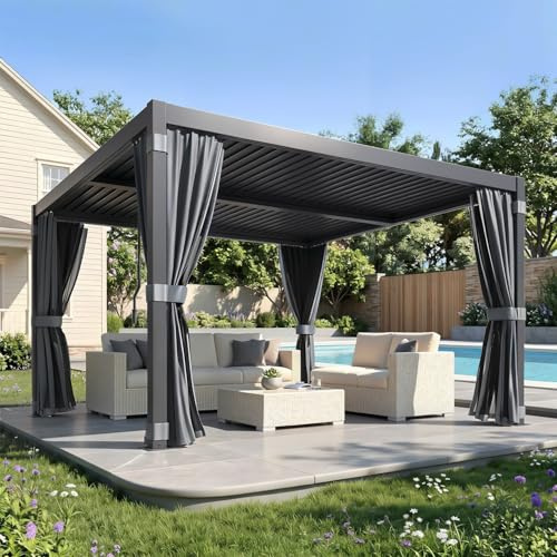 Pergola Bioclimatique 3x3 m, Pergola en Aluminium et Acier avec Toit à Lamelles Orientables, Tonnelle de Jardin avec Rideaux Étanches et Moustiquaires, Noir
