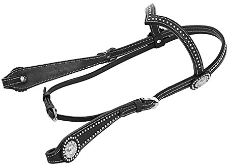 Thor Equine Kopfstück Allan Westerntrense V‑Shaped Stirnriemen Conchos & Dots Leder Schwarz Full verstellbar