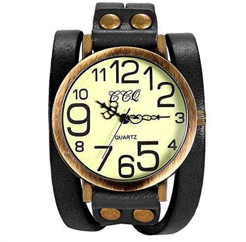 Lancardo Vintage Ladies Large Arabic Markers Multi Layers Leather Wrap Cuff Bracelet Wrist Watch Browm Black Green Orange