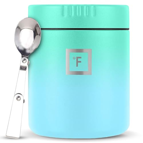IRON °FLASK Food Jar for Hot Food & Soup - 13.5 Oz Insulated Food Jar with Foldable Spoon - Leak Proof, Stainless Steel, Storage, Canteen, Double Walled - 13.5 Oz - Sky