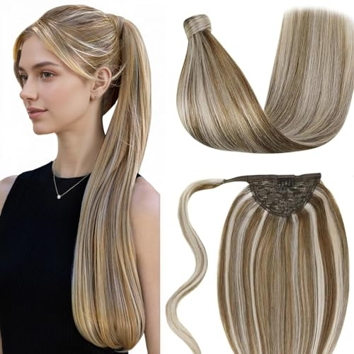 LaaVoo Zopf Extensions Echthaar Braun Haarverlängerung Zopf Echthaar Extensions Hellbraun Highlights Platinblond Echthaar Pferdeschwanz Extensions Natürlich 40cm 80g #P8/60