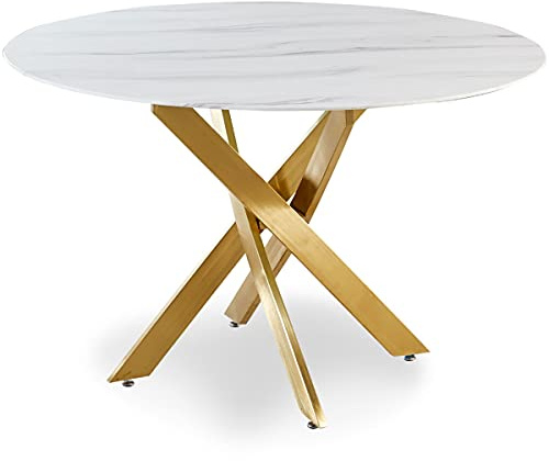 Menzzo Table Ronde en Verre Effet marbre CORIX- Pieds dorés, élégance Moderne et Design Chic