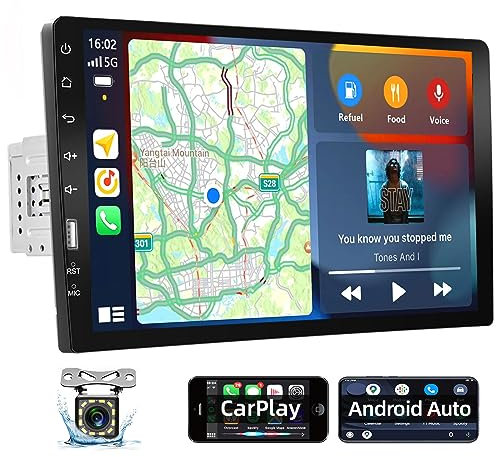 Autorradio para Coche Podofo 1 DIN con A-pple Carplay, Radio de 9 Pulgadas con Pantalla táctil HD, Android, Bluetooth, Radio FM, SWC, Mirror Link, USB, Cámara de Visión Trasera y Micrófono