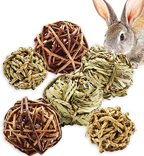 Hioph 6 Pcs Rabbit Chew Ball, Bunny Treats Chew Toys for Teeth, Small Animal Natural Timothy Grass Molar Ball, Guinea Pigs Activity Play Rattan Woven Balls