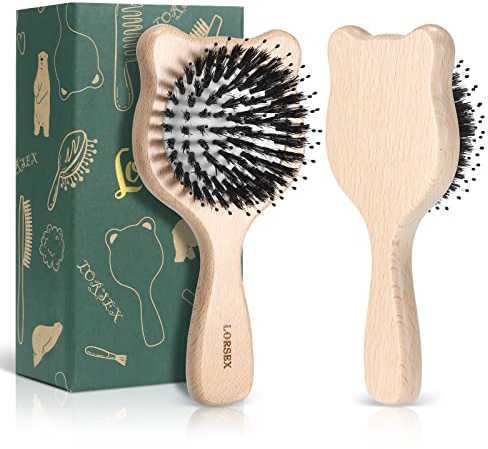 LORSEX Kleine Haarbürste, Mini Bär Haarbürste für Damen, Herren und Kinder, Wildschweinborsten Bürste mit Nylonstiften zum Entwirren (Original Buche)