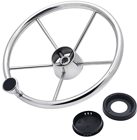 5-Speichen-Edelstahl-Universal-Lenkrad mit Knopf Zerstörer-Stil Marine Bootszubehör aus Edelstahl mit schwarzer Kappefür Wassersport, Boot, Yacht