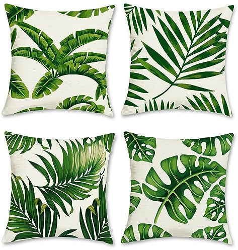 Bonhause 4er Set Kissenbezüge Tropische Blätter 50 x 50 cm Palmblätter Pflanze Polyester Leinen Dekorative Kissenhülle Grün Zierkissenbezüge für Garten Outdoor Wohnzimmer Zuhause Dekoration