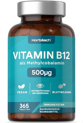 Vitamine B12 Vegan | 365 Comprimés pour 1 An | 500 mcg | Complément Alimentaire Avec Méthylcobalamine | Vitamin B12 Methylcobalamin Supplement | Horbaach
