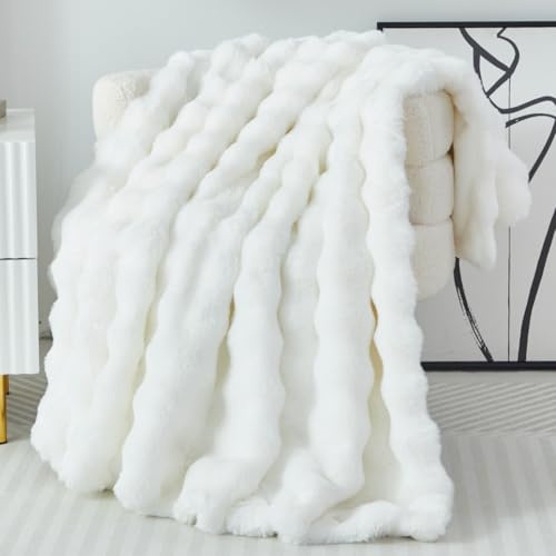 Manta de peluche de conejo, manta suave, gruesa, 1000 g/m², manta de franela cálida, manta para sofá, manta versátil, para cama, sofá, dormitorio, oficina, color blanco, 130 x 160 cm