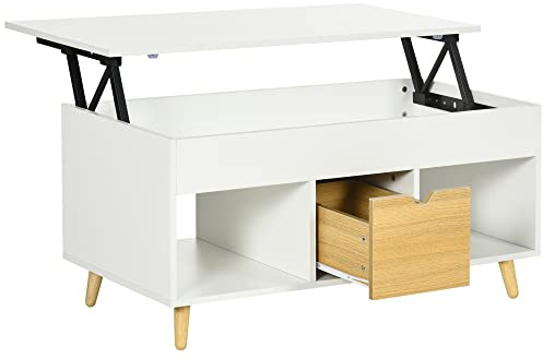 HOMCOM - Mesa Baja Rectangular con Bandeja elevable, 1 cajón, 2 nichos y cajón, Efecto Madera Clara y Blanca, dim100 x 50 x 49 cm