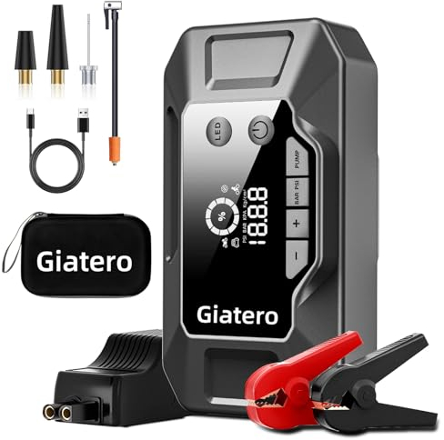 Giatero Auto Starthilfe Powerbank mit 150PSI Kompressor, 4000A Spitzenstrom Starter Powerbank für 12V Fahrzeuge(Bis zu 10.0L Benzin/7.5L Diesel), Tragbare Auto Starthilfe mit Digitale un
