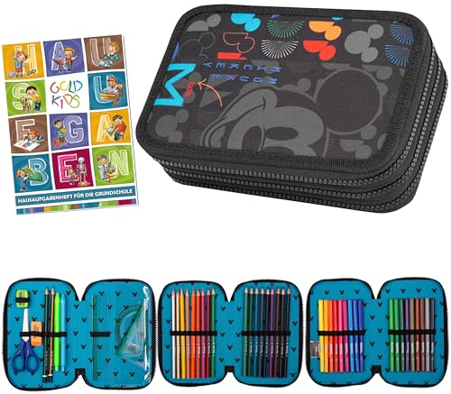 Goldkids - Federmäppchen 3 Fächer - Mäppchen für Mädchen und Jungen - Federmappe 3-Fach Federtasche Gefüllte Schüleretui 46-teilig - Schulmäppchen und Hausaufgabenheft - Mickey Motiv
