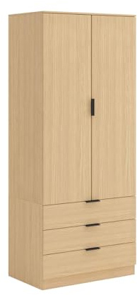 Home Source Phoenix Wardrobe with 2 Doors & 3 Drawers | 181cm Tall Oak Effect| Hanging Rail & Storage Shelf | Contemporary Bedroom Furniture | 50D x 75W x 181H cm