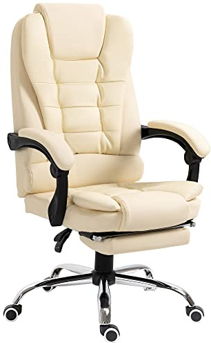 HOMCOM Silla de Oficina Reclinable Silla de Escritorio con Reposapiés Silla Ejecutiva Giratoria con Altura Ajustable Tapizada en PU y Reposabrazos para Estudio Crema