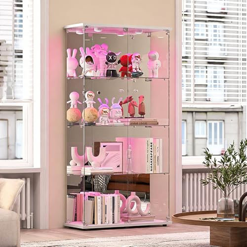 DADEA Vetrina con Specchio, Vetrinetta in Vetro 4 Ripiani 2 Porte, Vetrine in Vetro a Specchio Vetrina Colonna Espositiva Colonna Vetrinetta Casco con LED et Serratura Vetrinette Espositive
