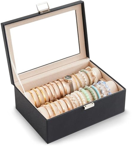 Lolalet Organisateur de bracelets, boîte à bijoux, boîte de rangement avec roulettes pour bracelets, montres, couvercle transparent pour femmes et filles, noir