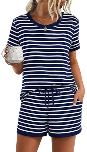 Litherday Pyjamas Kvinnor Sommar Pyjamas Kvinnor Kort Bomull Pyjamas Två Delar Randig Nattkläder Set Rund Hals Och Shorts Med Fickor Avslappnad Hem Bekväm Mjuk