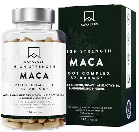 Maca Kapseln Hochdosiert 57000mg | 100:1 Maca Schwarz Wurzel Extrakt (Black Maca Root) 10:1 Gelbe M. mit Panax Ginseng Vitamin B6 P5P 95% Piperin l-Arginin - Schwarzes M. Hochdosiert, 120 Kapseln