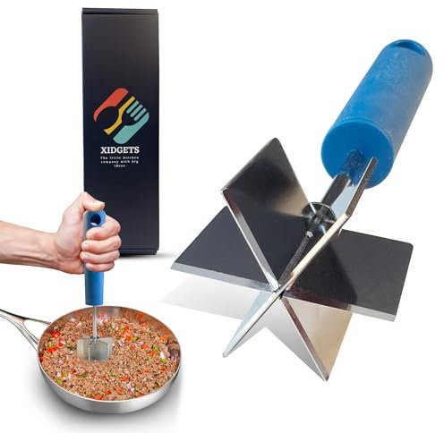 Stainless Steel Meat Masher and Tenderizer with Soft Grip Handle – Heavy Duty Handle & Mashing Head for Ground Beef, Meat, and More – Mondo Meat Masher by Xidgets (Lagoon Blue)